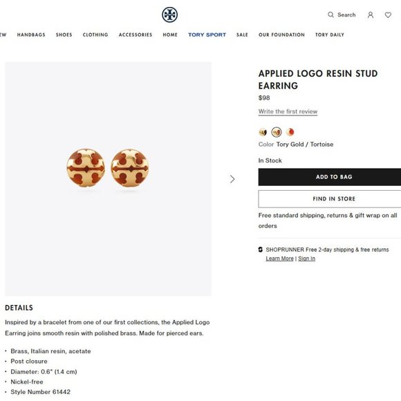 Tory Burch Gold/Tortoise Applied Logo Stud - Picture 13 of 14
